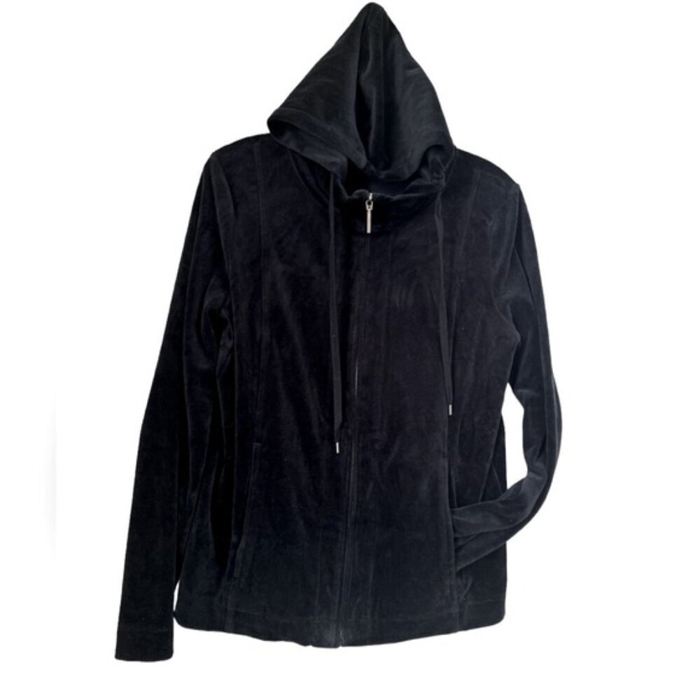 Jones NY Vintage Velour Hoodie Cotton Full Zip Up Hooded Pockets Black Jacket M